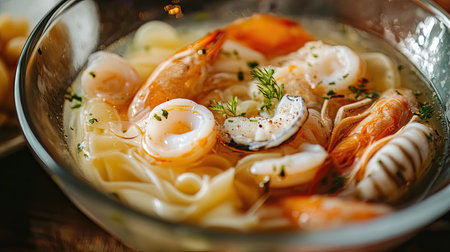 A detailed shot of floating pasta and seafood in a clear broth, showcasing the ingredients in a beautifully presented and appetizing soup.の素材
