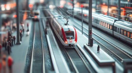A detailed shot of an electric train station with multiple tracks and trains, featuring passengers boarding and alighting, and modern infrastructure.の素材