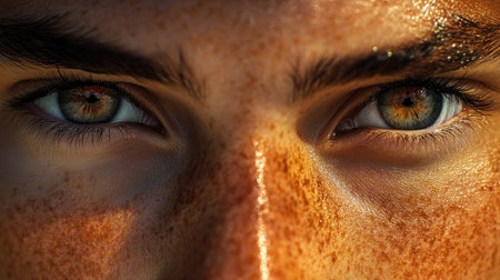 A detailed view of a face with expressive eyes and natural skin texture, emphasizing the emotions and individuality conveyed through facial features.の素材