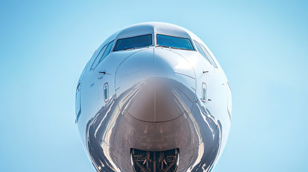 A detailed shot of an nose cone, with the curvature and smooth surface highlighted against a clear blue sky, illustrating the elegance of aircraft design.の素材