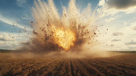 A detailed shot of an s shockwave rippling through a field, with debris and dust being propelled outward, showcasing the force and reach of the explosion.の素材