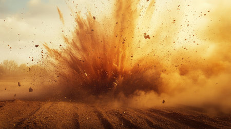 A detailed shot of an s shockwave rippling through a field, with debris and dust being propelled outward, showcasing the force and reach of the explosion.の素材