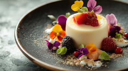 A detailed shot of floating desserts like mousse or panna cotta on a decorative plate, with delicate fruit and edible flowers enhancing the presentation.の素材