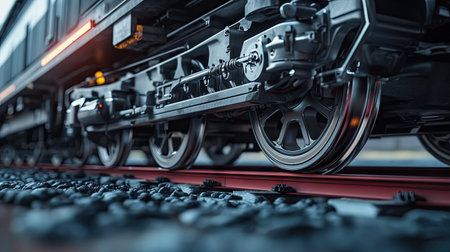 A detailed shot of the electric train's wheels and undercarriage, highlighting the advanced engineering and smooth operation of the vehicle.の素材
