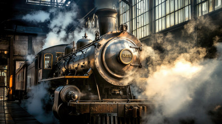 A dramatic shot of steam billowing out of a train locomotive, with the powerful engine and vintage design adding to the historical and industrial ambiance.の素材