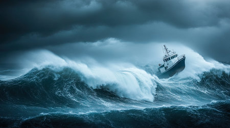 A dramatic shot of a small boat battling against towering waves during a storm, highlighting the struggle and resilience in harsh maritime conditions.の素材