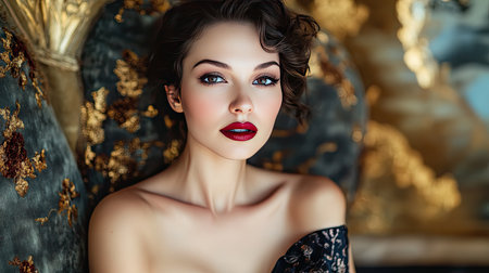 A glamorous woman in a stylish evening gown, with her makeup enhancing her natural beauty, as she poses in front of a luxurious backdrop, ready for a night out.の素材