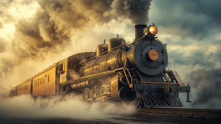 A dramatic shot of steam billowing out of a train locomotive, with the powerful engine and vintage design adding to the historical and industrial ambiance.の素材