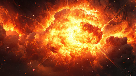 A dramatic close-up of a large explosion with a fiery blast and billowing smoke, capturing the intense energy and impact of the explosion against a dark sky.の素材