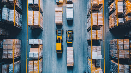 A logistics warehouse filled with neatly stacked pallets and forklifts in operation, illustrating the organization and efficiency of goods distribution.の素材
