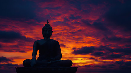 A dramatic silhouette of a Buddha statue against a vibrant sunset sky, with the serene and meditative pose highlighted by the colorful backdrop.の素材