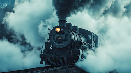 A dramatic shot of steam billowing out of a train locomotive, with the powerful engine and vintage design adding to the historical and industrial ambiance.の素材