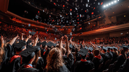 A panoramic view of a graduation ceremony with students throwing their caps in the air, celebrating their academic achievements and the joy of graduation.の素材