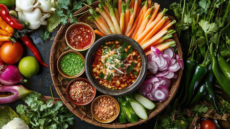 A high-angle view of a beautifully plated Thai dish with a bowl of in the center, surrounded by an array of dipping vegetables and condiments, creating an inviting and colorful meal.の素材