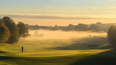 A panoramic view of a golf course at sunrise, with mist hanging over the fairways and golfers starting their round, creating a serene and picturesque scene.の素材