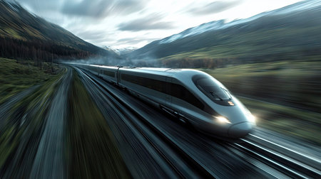 A high-speed train racing through a scenic landscape, with motion blur emphasizing the speed and efficiency of modern rail transport.の素材