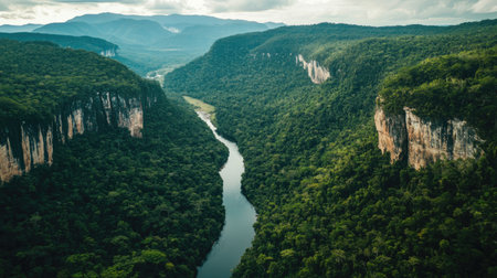 A high-altitude view of a winding river cutting through a mountain range, with the steep cliffs and dense forests creating a dramatic natural scene.の素材