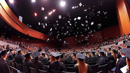 A panoramic view of a graduation ceremony with students throwing their caps in the air, celebrating their academic achievements and the joy of graduation.の素材