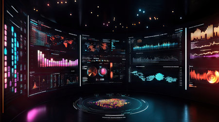 A panoramic view of a 3D data visualization dashboard, with various 3D graphs and charts displayed on a high-tech interface, showcasing a comprehensive analysis.の素材