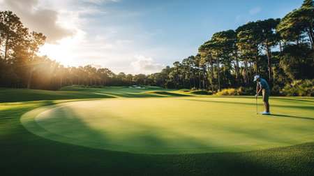 A panoramic view of a golfer lining up a putt on a well-maintained green, with a focus on the concentration and technique in a beautiful course setting.の素材