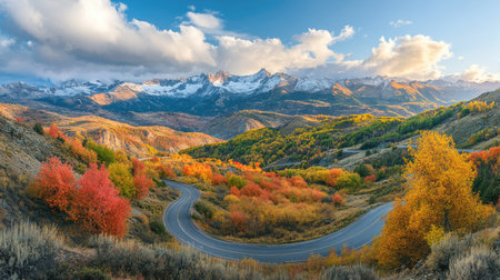 A panoramic view of a picturesque mountain road with hairpin turns, framed by vibrant autumn foliage and distant snow-capped peaks, highlighting the seasonal beauty.の素材