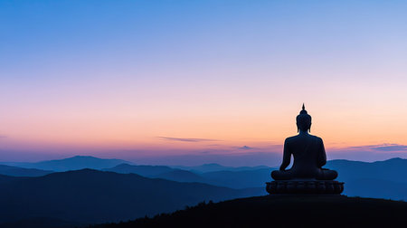 A panoramic view of a Buddha silhouette on a hilltop during twilight, with soft, ambient light creating a sereneの素材
