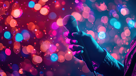 A singer holding a modern handheld microphone, with a dynamic stage background and colorful lights, capturing the energy and excitement of a live performance.の素材