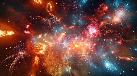 A panoramic view of a fireworks show with multiple explosions in the sky, creating a vibrant and colorful display of light and patterns against the night sky.の素材
