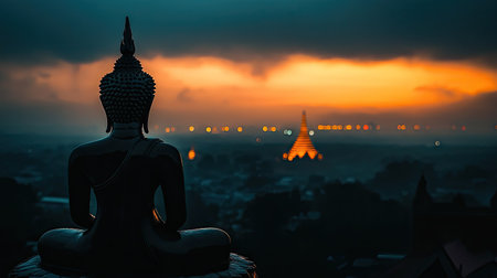 A silhouette of a Buddha statue on a temple rooftop, with a darkening sky and city lights in the distance, creating a contrast between the sacred and the modern.の素材