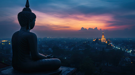 A silhouette of a Buddha statue on a temple rooftop, with a darkening sky and city lights in the distance, creating a contrast between the sacred and the modern.の素材