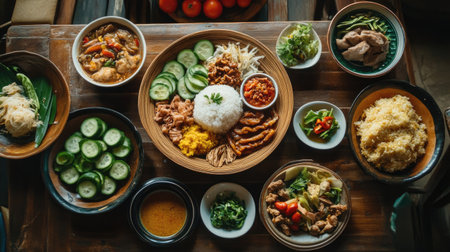 A top-down shot of with a variety of side dishes including sliced cucumbers, tomatoes, and pickled radish, showcasing a complete and flavorful Thai breakfast spread.の素材