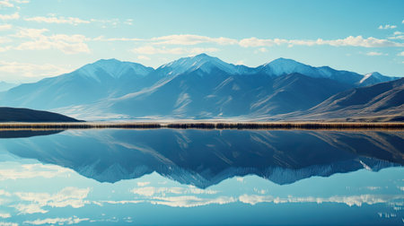 A serene view of a mountain range reflected perfectly in the calm waters of a nearby lake, with the mirror-like surface doubling the grandeur of the scene.の素材