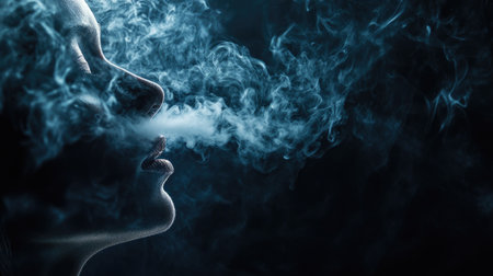 A smoker exhaling a thick cloud of smoke against a dark background, with the smoke forming intricate patterns as it dissipates into the air.の素材