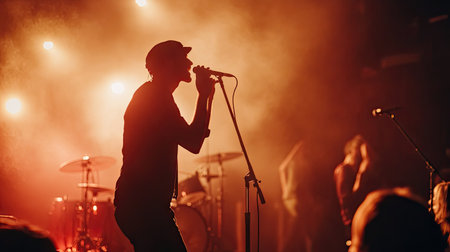 A performer singing into a microphone on a dimly lit stage, with dramatic lighting and a cheering crowd in the background, capturing the thrill of a live show.の素材