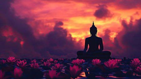 A silhouette of a seated Buddha statue surrounded by lotus flowers, with a gradient twilight sky in the background, emphasizing the spiritual and serene ambiance.の素材