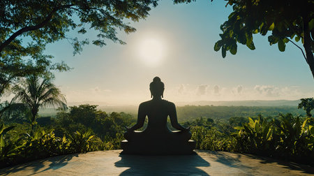 A silhouette of a Buddha statue in meditation, framed by a lush, green landscape and a clear blue sky, capturing the harmony between nature and spirituality.の素材