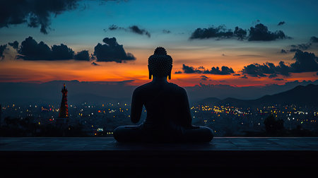 A silhouette of a Buddha statue on a temple rooftop, with a darkening sky and city lights in the distance, creating a contrast between the sacred and the modern.の素材