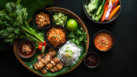 A top-down shot of served with a side of fresh vegetables and dipping sauces, emphasizing the delicious variety of flavors and textures in a traditional Thai meal.の素材