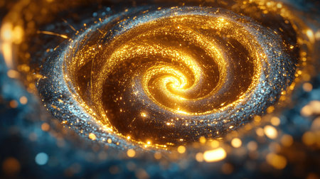 This stunning 3D illustration features a radiant golden spiral glowing with brilliant light, creating a mesmerizing cosmic effect. Perfect for backgrounds or artistic projects.の素材