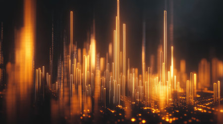 Explore a mesmerizing abstract scene featuring glowing 3D bars. This vibrant digital artwork captures the essence of technology and finance in a visually stunning way.の素材