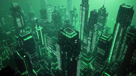 Explore a breathtaking futuristic cityscape with striking green neon lights. This 3D artwork showcases high-rise buildings and innovative architecture, reflecting a modern vision of urban life.の素材
