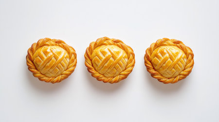 Enjoy this trio of golden empanadas, freshly baked and beautifully presented. Ideal for appetizers or snacks, these savory pastries delight the palate.の素材