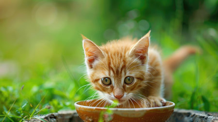 Close-up of a happy ginger kitten eating from a bowl, against a lively green backdropの素材