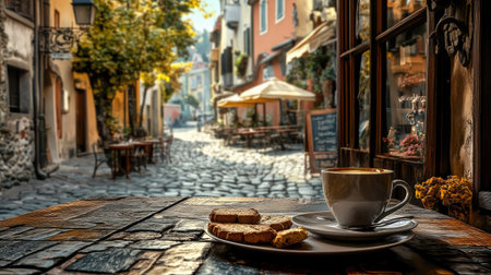 A cozy Italian caf scene with an espresso cup, biscotti, and a view of a charming cobblestone street.の素材