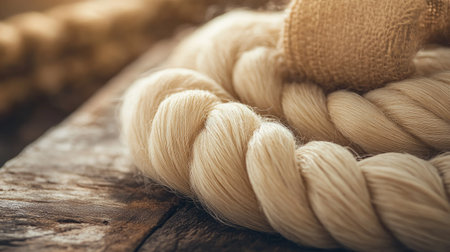 This close-up image showcases a beautifully braided fiber on a rustic wood surface, capturing the natural texture and warmth of the material in soft light.の素材