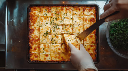 A top-down view of a lasagna tray being sliced into perfect squares, ready to be served.の素材