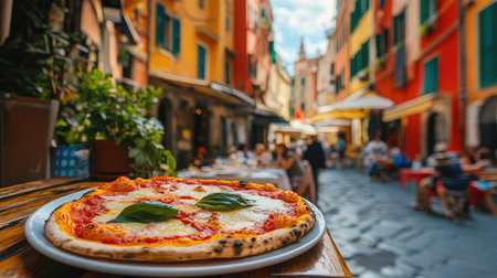A plate of crispy, golden pizza margherita served as a street food slice in an Italian city, with a vibrant backdrop.の素材
