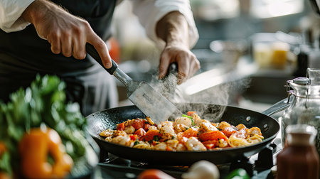 An Italian chef flipping a sizzling pan of seafood pasta in a professional kitchen, with fresh ingredients on the counter.の素材