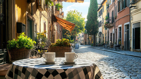 A charming outdoor Italian caf with checkered tablecloths, espresso cups, and a view of a cobblestone street.の素材