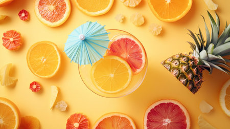 A top-down view of a colorful cocktail with tropical fruits like pineapple, orange, and a paper umbrella, perfect for summer.の素材